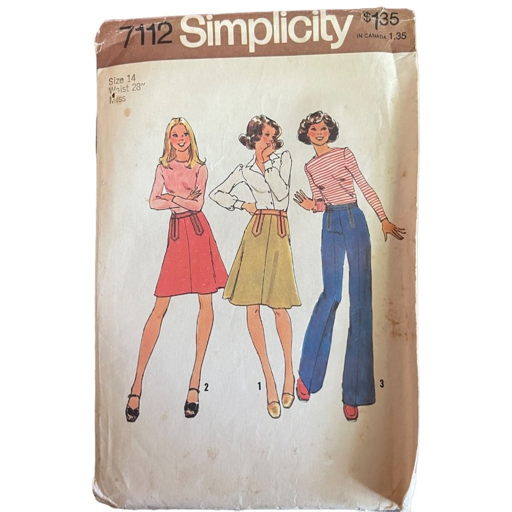 Simplicity 7112 Vintage 70s Flared Pant, Flared Skirt, & Top size 14